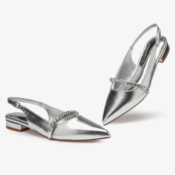 Women Silver Polyurethane (PU) Rhinestone Pointed Toe Slingback Flats Shoes - Picture 3 of 9